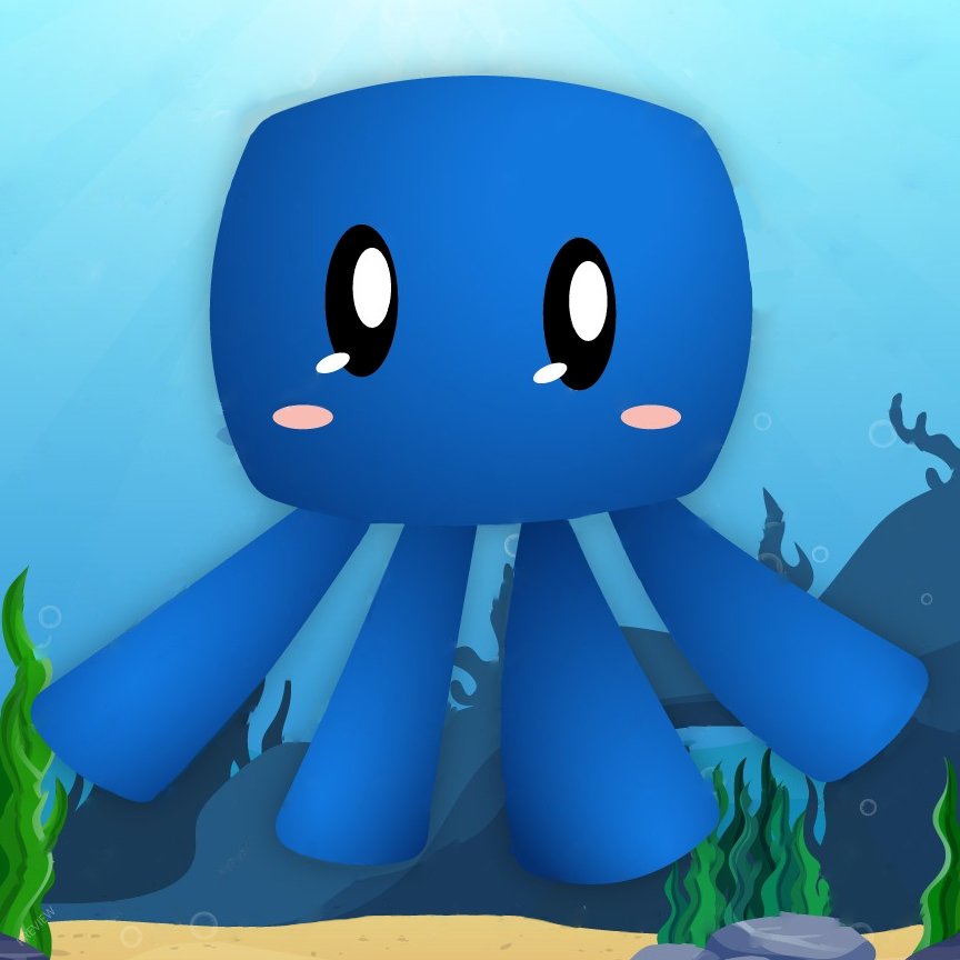 Squidy, the studio's blue mascot, floating underwater